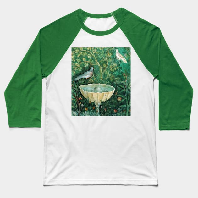 POMPEII COLLECTION,LITTLE BIRDS,DOVES AND FOUNTAIN IN GARDEN ,GREEN FLORAL Baseball T-Shirt by BulganLumini